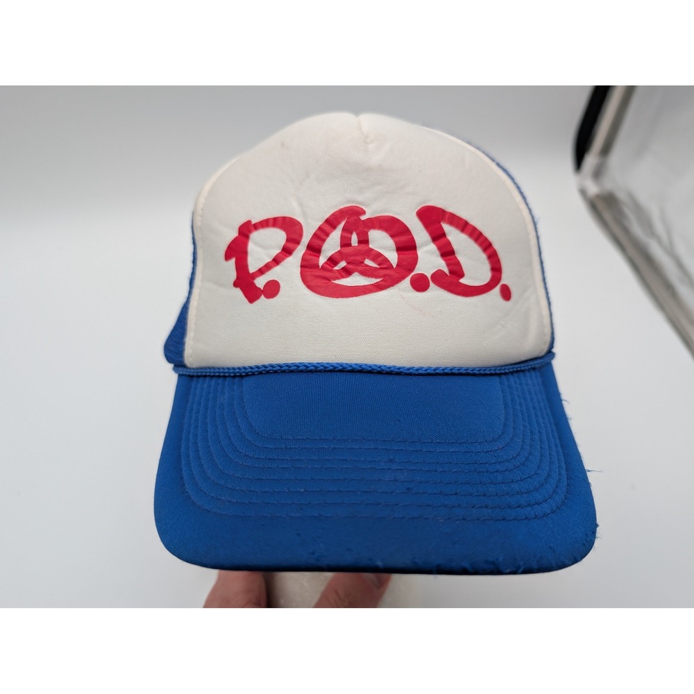 Vintage POD Band Trucker Hat Blue White Red Logo Mesh Snapback Vintage Style Cap